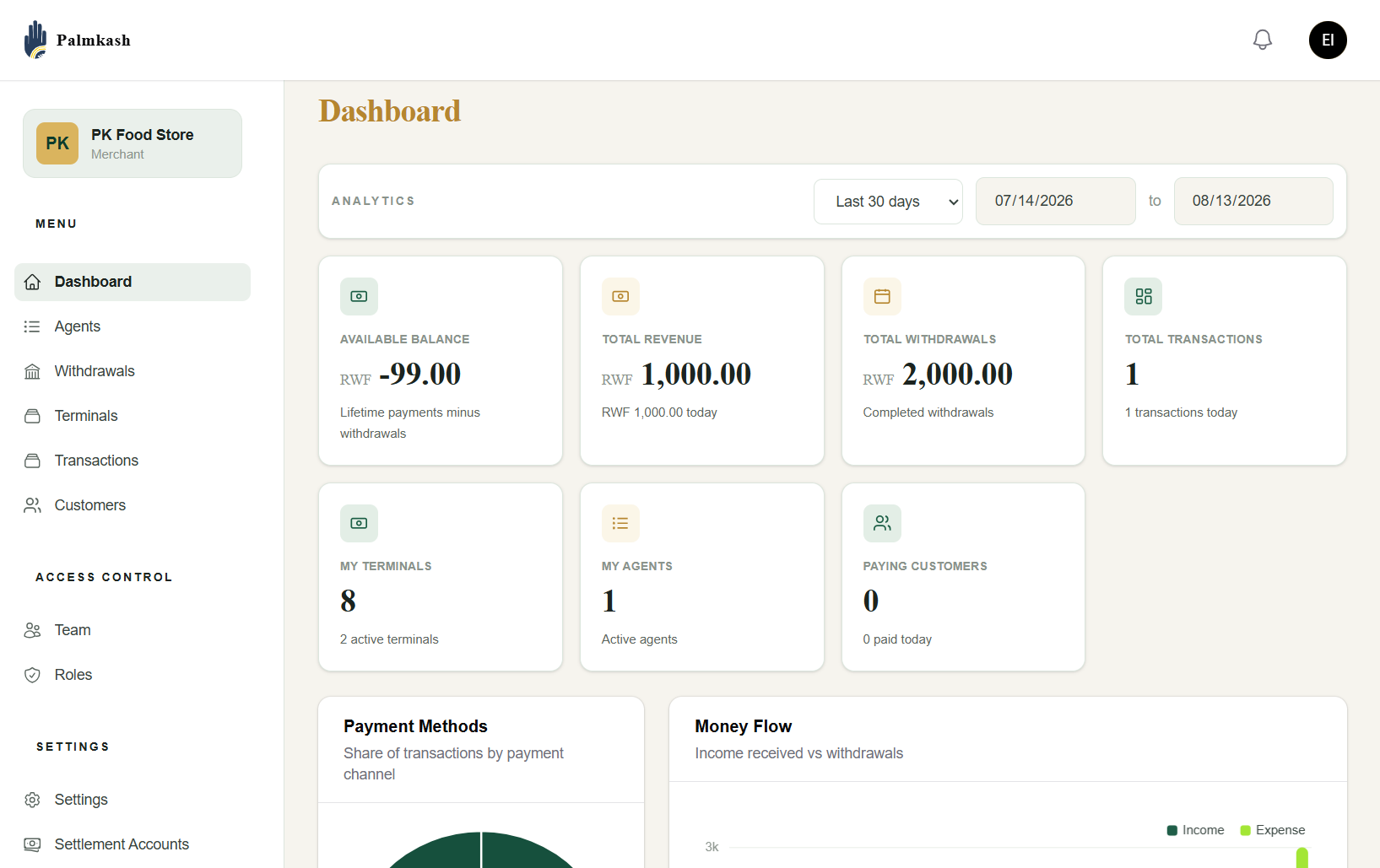 PalmKash merchant dashboard